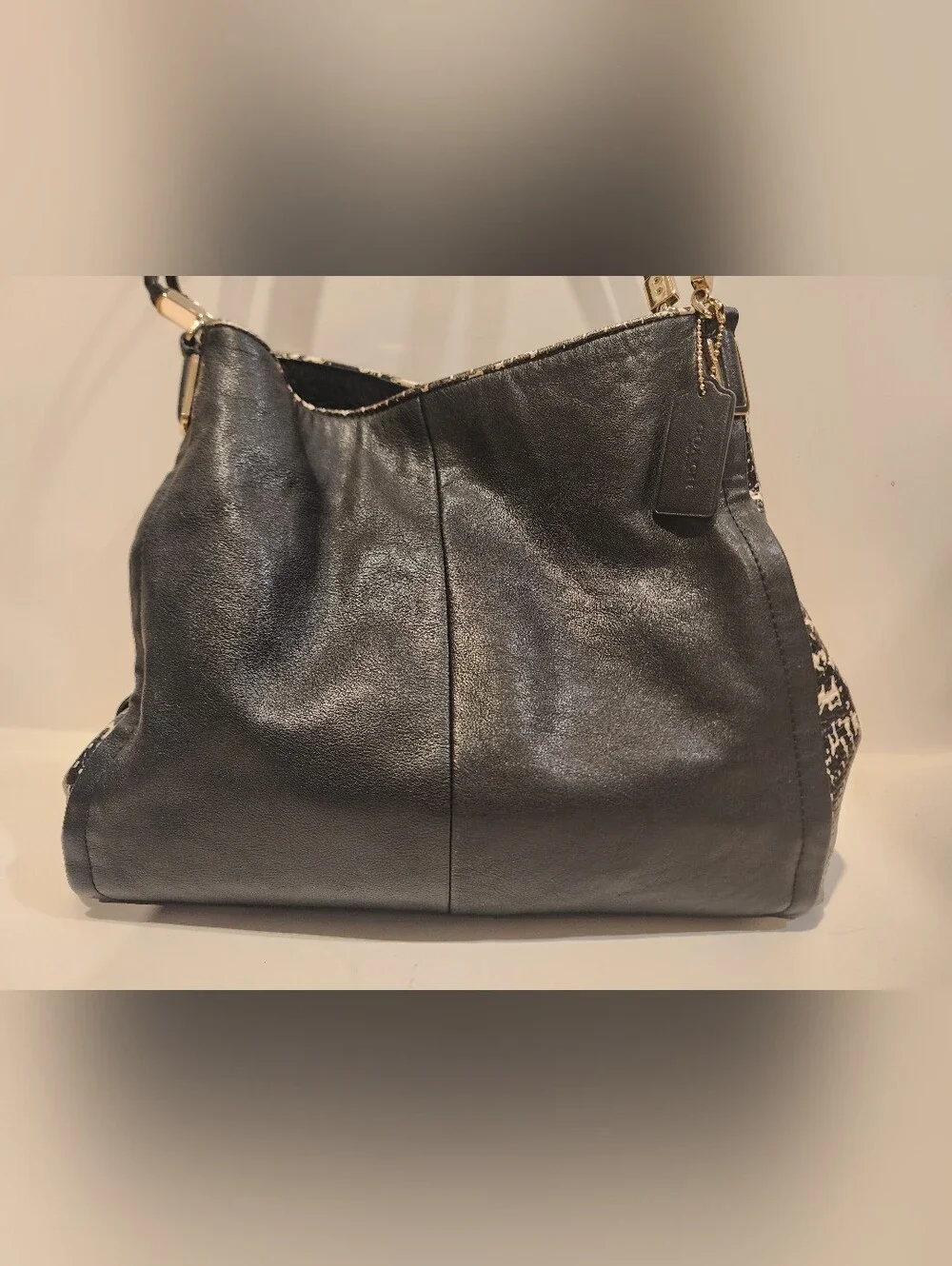 Coach Madison Phoebe Black Two-Tone Python Leather Shoulder Bag Tote Purse